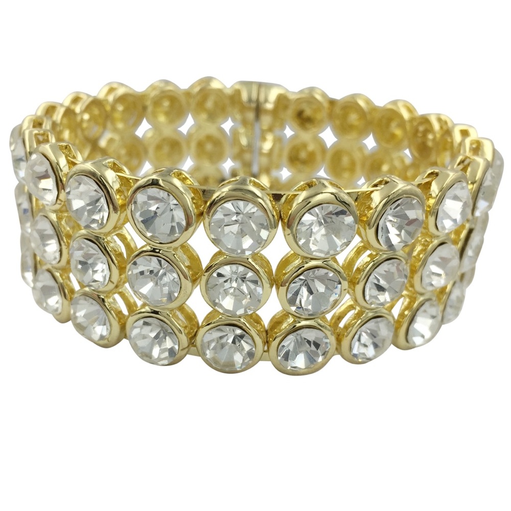 3 Row Clear Rhinestone Gold Wide Formal Statement Magnetic Bangle Bracelet